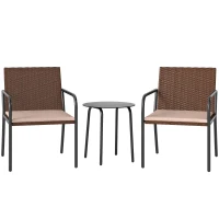 Outsunny 3 Pieces Outdoor Wicker Furniture Set with Soft Cushions Tempered Glass Coffee Table for Garden, Backyard, Khaki(m-11)