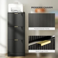 HOMCOM Lockable Filing Cabinet with 3 Fluted Drawers, File Cabinet with Adjustable Hanging Rails for A4 Letter Files, Black(m-9)