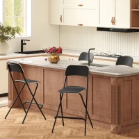 HOMCOM Folding Bar Stools Set of 2, Counter Height Foldable Stool with Wooden Effect Seat and Steel Frame for Kitchen, Black(m-9)