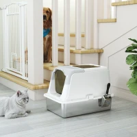 PawHut Extra Large Stainless Steel Litter Box, Enclosed Kitty Litter Box for Big Cats with Scoop, Deodorizer Bag(m-10)