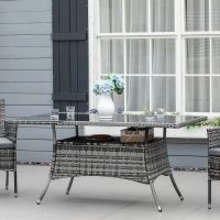 Outsunny Garden Dining Table, Patio Rattan Dining Table with Glass Top, Storage Shelf for Yard, 59" x 34" x 29", Grey