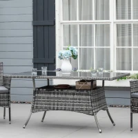 Outsunny Garden Dining Table, Patio Rattan Dining Table with Glass Top, Storage Shelf for Yard, 59" x 34" x 29", Grey(m-1)
