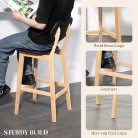 HOMCOM Bar Stools Set of 2, PU Leather Counter Height Barstools, Bar Chairs with Footrest, Solid Wood Legs, Natural and Black(m-6)