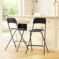 HOMCOM Folding Bar Stools Set of 2, Counter Height Foldable Stool with Wooden Effect Seat and Steel Frame for Kitchen, Black(m-8)