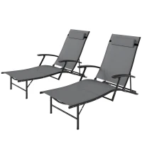 Outsunny Set of 2 Chaise Lounge Chairs, Folding Tanning Chair with Pillow, Outdoor Sun Lounger for Patio, Garden, Beach, Grey(m-2)