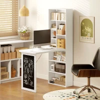HOMCOM Fold-out Convertible Office Desk, Wall Mount Computer Desk with Blackboard and Side Shelf, White(m-9)