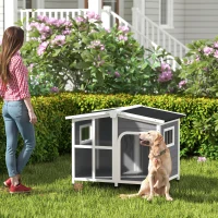 PawHut Outside Cabin-Style Wooden Dog House for Large Dogs with Openable Roof & Giant Window, Outdoor & Indoor Big Dog Shelter, Asphalt Roof, Gray(m-10)