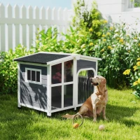 PawHut Outside Cabin-Style Wooden Dog House for Large Dogs with Openable Roof & Giant Window, Outdoor & Indoor Big Dog Shelter, Asphalt Roof, Gray(m-2)