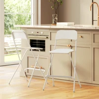 HOMCOM Folding Bar Stools Set of 2, Counter Height Foldable Stool with Wooden Effect Seat and Steel Frame for Kitchen, White(m-8)