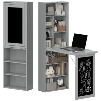 HOMCOM Fold-out Convertible Office Desk, Wall Mount Computer Desk with Blackboard and Side Shelf, Charcoal Grey(m-2)