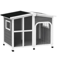 PawHut Wooden Dog House, Raised Pet Kennel with Removable Bottom, Openable Asphalt Roof, Door Curtain, Side Windows, Dark Grey(m-2)
