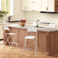 HOMCOM Folding Bar Stools Set of 2, Counter Height Foldable Stool with Wooden Effect Seat and Steel Frame for Kitchen, White(m-9)