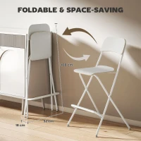 HOMCOM Folding Bar Stools Set of 2, Counter Height Foldable Stool with Wooden Effect Seat and Steel Frame for Kitchen, White(m-4)