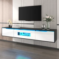 High-Gloss TV Stand with Customizable LED Lighting and Versatile Mounting Options, Modern Design, 71" L x 12" W x 12" H, Black+White(m-6)