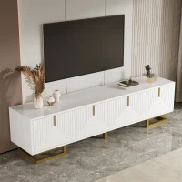 Modern TV Stand with Textured Doors, Gold Handles and Legs, Ample Storage Space, Easy to Install, 63" L x 15" W x 17.5" H, White(m-5)