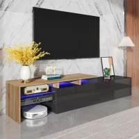 Modern TV Cabinet with Glass Shelves and LED Lighting, Stylish Storage Solution, Modern and Stylish Design, 67" L x 13" W x 13" H, Black+Natural(m-8)