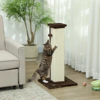 PawHut 32" Tall Cat Scratching Post for Indoor Cats and Kittens, Sisal Cat Scratcher with Hanging Ball Soft Plush, Brown(m-8)