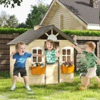 Outsunny Wooden Playhouse for Kids Outdoor Garden Pretend Play Games, Adventures Cottage, with Working Door, Windows, Bench, Service Station, Flowers Pot Holder, for 3-7 Years Old(m-2)
