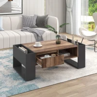 Wood Grain Coffee Table with Handleless Drawer, Double Storage Compartments, Easy Assembly, 43.5" L x 23.5" W x 15.5" H, Grey+Wood(m-1)
