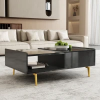 High-Gloss Coffee Table with LED Lighting and Glass Top, Adjustable Heigh, Storage Compartments, Easy to Install, 43.5" L x 21.5" W x 15.5" H, Black(m-7)