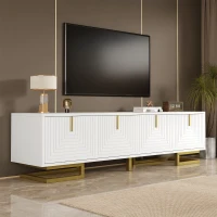 Modern TV Stand with Textured Doors, Gold Handles and Legs, Ample Storage Space, Easy to Install, 63" L x 15" W x 17.5" H, White(m-6)