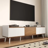 TV Stand with Three Doors and Sturdy Wooden Legs, Raised Edge for Safety, Easy to Install, 63" L x 15.5" W x 19.5" H, White+Natural(m-6)