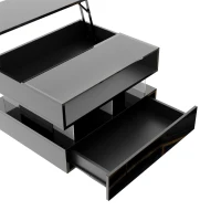 High-Gloss Coffee Table with Glass Top and LED Lighting, Storage Drawer and Adjustable Height, Easy to Install, 26" L x 21.5" W x 21.5" H, Black(m-12)