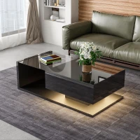High-Gloss Black Coffee Table with Glass and LED Effect, Spacious Surface and Practical Storage, Easy to Install, 41.5" L x 21.5" W x 12.5" H, Black(m-1)