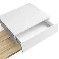 High-Gloss Coffee Table with Glass and LED Effect, Modern Design with Storage Compartment, 41.5" L x 21.5" W x 12.5" H, White+Wood(m-10)