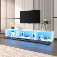 High-Gloss TV Stand with Colour-Changing LED Lighting and Versatile Mounting Options, Easy to Install, 71" L x 12" W x 12" H, Black+White(m-7)