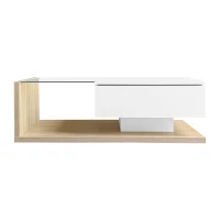 High-Gloss Coffee Table with Glass and LED Effect, Modern Design with Storage Compartment, 41.5" L x 21.5" W x 12.5" H, White+Wood(m-13)