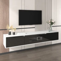 High-Gloss TV Stand with Colour-Changing LED Lighting and Versatile Mounting Options, Easy to Install, 71" L x 12" W x 12" H, Black+White(m-8)