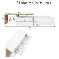 Modern TV Stand with Glass Shelves and LED Lighting, High-Gloss Finish, Smart Storage Solution, 67" L x 13" W x 13" H, White+Natural(m-3)