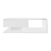 High-Gloss Coffee Table with Glass and LED Effect, Modern Design with Storage Compartment, Easy to Install, 41.5" L x 21.5" W x 12.5" H, White(m-2)