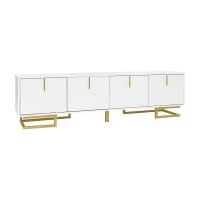 Modern TV Stand with Textured Doors, Gold Handles and Legs, Ample Storage Space, Easy to Install, 63" L x 15" W x 17.5" H, White(m-13)