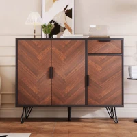 Modern Storage Cabinet with Drawer and Adjustable Shelves, Sideboard with Black Metal Feet, 35.5" L x 11.5" W x 28.5" H, Black+Wood(m-4)