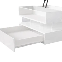 High-Gloss Coffee Table with Glass Top and LED Light, Storage Drawer and Adjustable Height, Easy to Install, 26" L x 21.5" W x 21.5" H, White(m-10)