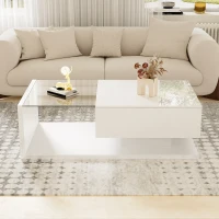High-Gloss Coffee Table with Glass and LED Effect, Modern Design with Storage Compartment, Easy to Install, 41.5" L x 21.5" W x 12.5" H, White(m-1)