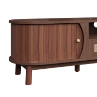 Rattan TV Stand with Solid Wood Doors and Drawers, Natural Country Style Storage Solution, Easy Installation, 65" L x 14.5" W x 18" H, Natural Walnut(m-9)