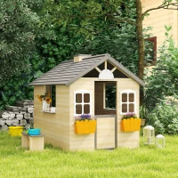 Outsunny Wooden Playhouse for Kids Outdoor Garden Pretend Play Games, Adventures Cottage, with Working Door, Windows, Bench, Service Station, Flowers Pot Holder, for 3-7 Years Old(m-10)