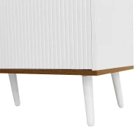 TV Stand with Three Doors and Sturdy Wooden Legs, Raised Edge for Safety, Easy to Install, 63" L x 15.5" W x 19.5" H, White+Natural(m-9)