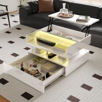 High-Gloss Coffee Table with Glass Top and LED Light, Storage Drawer and Adjustable Height, Easy to Install, 26" L x 21.5" W x 21.5" H, White(m-1)