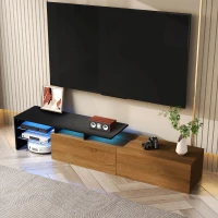 Modern TV Stand with Glass Shelves and LED Lighting, Stylish Storage Solution, Modern and Stylish Design, 67" L x 13" W x 13" H, Black+Natural(m-5)
