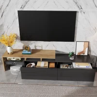 Modern TV Cabinet with Glass Shelves and LED Lighting, Stylish Storage Solution, Modern and Stylish Design, 67" L x 13" W x 13" H, Black+Natural(m-5)