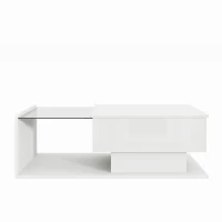 High-Gloss Coffee Table with Adjustable Height and LED Light Strip, Tempered Glass Top, Easy to Install, 39.5" L x 19.5" W x 13" H, White(m-2)