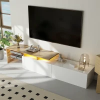 Modern TV Stand with Glass Shelves and LED Lighting, High-Gloss Finish, Smart Storage Solution, 67" L x 13" W x 13" H, White+Natural(m-7)
