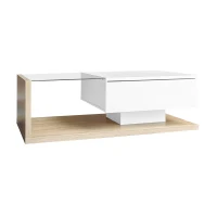 High-Gloss Coffee Table with Glass and LED Effect, Modern Design with Storage Compartment, 41.5" L x 21.5" W x 12.5" H, White+Wood(m-14)