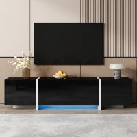 Modern TV Cabinet with High Gloss Finish and LED Light Strip, Ample Storage Space, Easy Assembly, 67" L x 11.5" W x 11.5" H, Black(m-4)