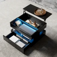 High-Gloss Coffee Table with Glass Top and LED Lighting, Storage Drawer and Adjustable Height, Easy to Install, 26" L x 21.5" W x 21.5" H, Black(m-5)