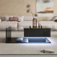 High-Gloss Coffee Table with Tempered Glass Top and LED Light Strip, Adjustable Height, Easy to Install, 39.5" L x 19.5" W x 13" H, Black(m-1)
